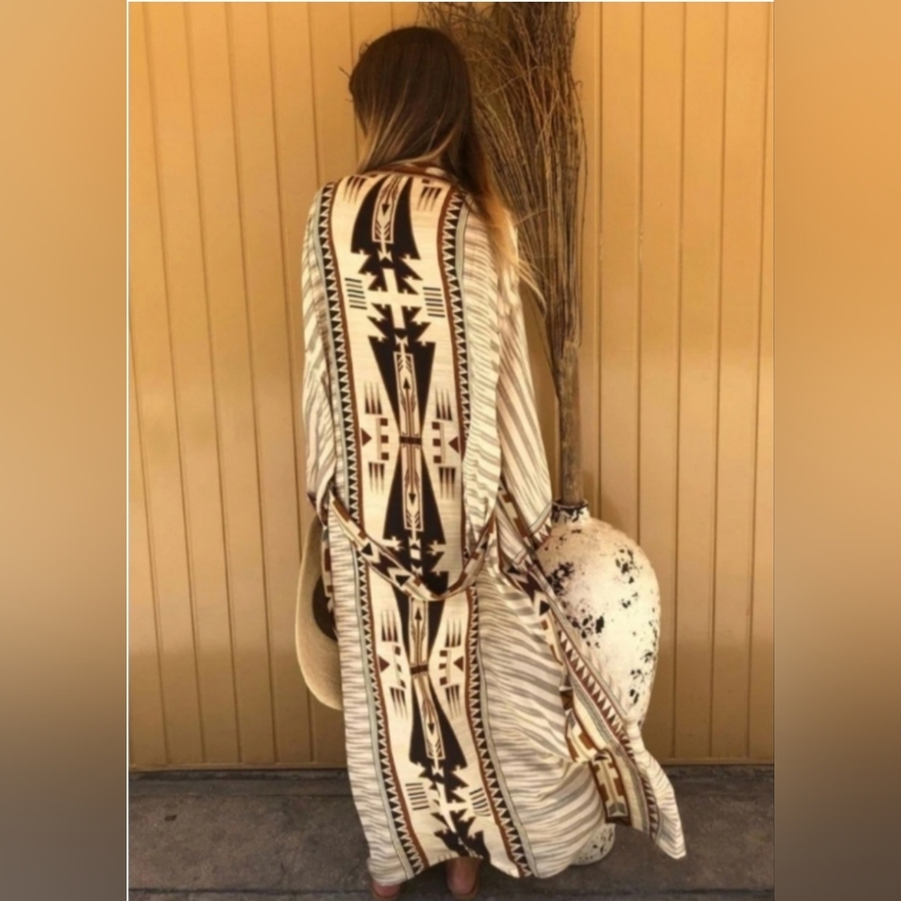 NEW Boho Southwestern Kimono Duster Maxi Cardigan Tribal Tan Black - Picture 2 of 12
